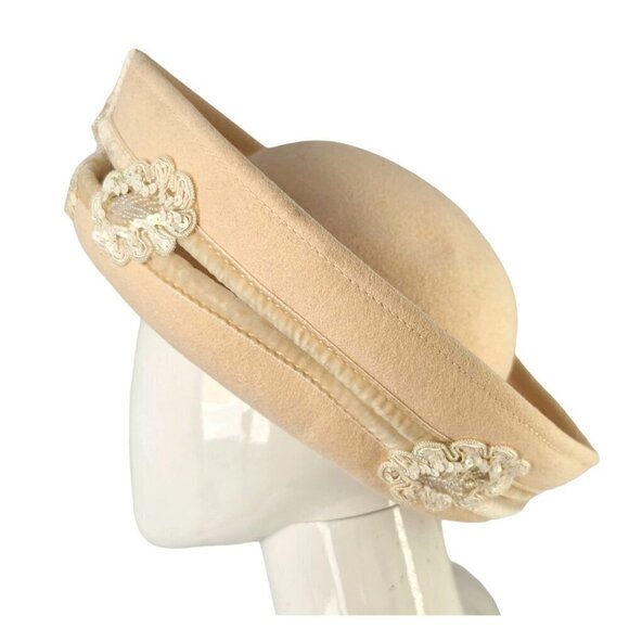 Deborah NY 70s White Wool Crown Hat Embellish Beaded Sequined Applique Womens OS main image 6